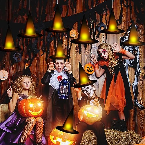 taupphoo Halloween Black Witch Hats DIY Floating Light up Witch Hats with Tea Lights 3D Bats Wall Decorations