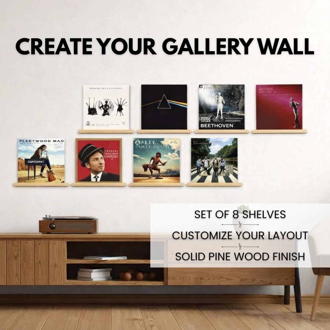 Vinyl Record Display Shelf - Set of 8 Floating LP Album Shelves for Wall Display - Solid Pine Wood - Wall Mount