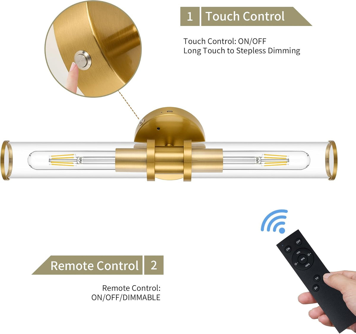 8000mAh Wireless Wall Sconces with Remote Control 3000K, Gold, 20.5 Inch | Battery Operated Wall Sconce Set of 2 with