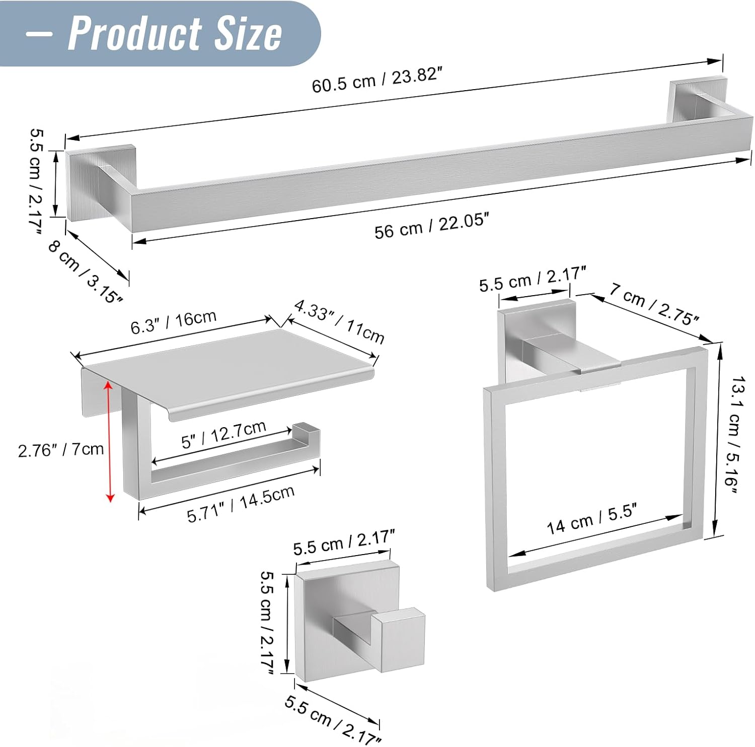 YACVCL 5 Pieces Brushed Nickel Bathroom Accessorie Set 23.6 Inch Towel Bar Set SUS304 Stainless Steel Towel Holder Set