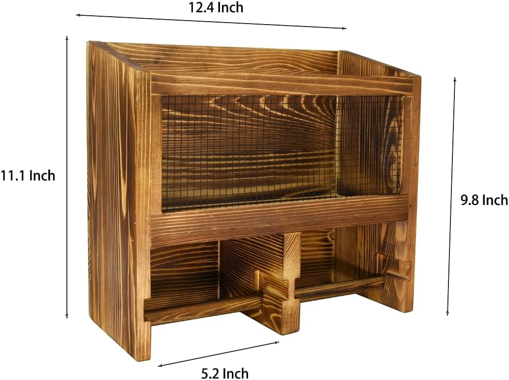 Owlgift Vintage Rustic Burnt Solid Wood & Metal Mesh Wall Mounted Dual Toilet Paper Roll Dispenser & Magazine Holder