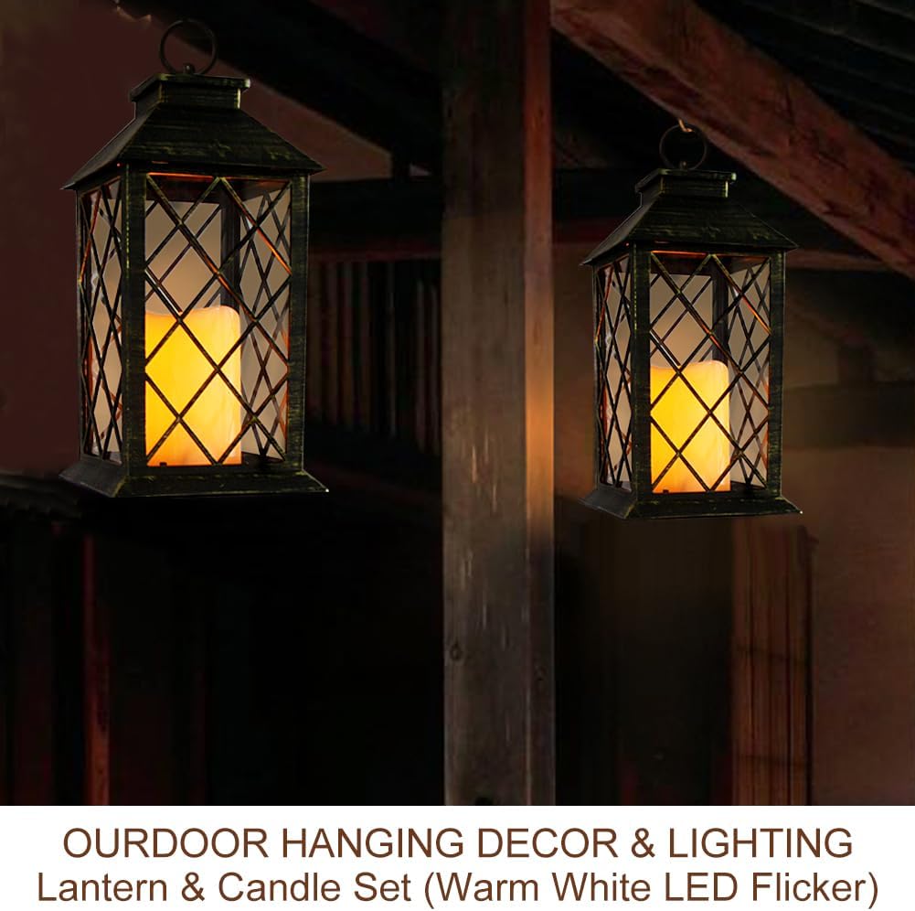 2-Pack 13.5" Vintage Candle Lantern with LED Candle (Distressed Gold, 6hr Timer) - IP44 Waterproof Outdoor Hanging