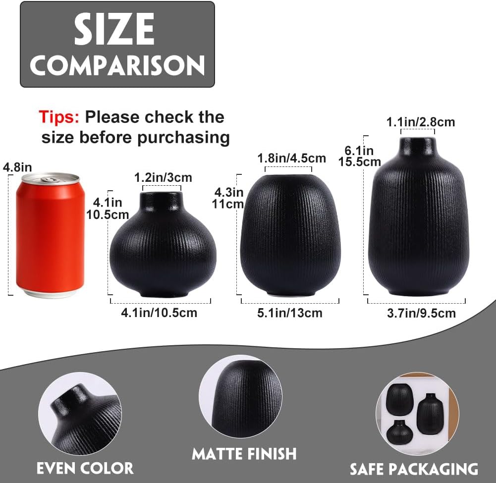Ceramic Vase / Modern Ribbed Vases / Black / Set of 3