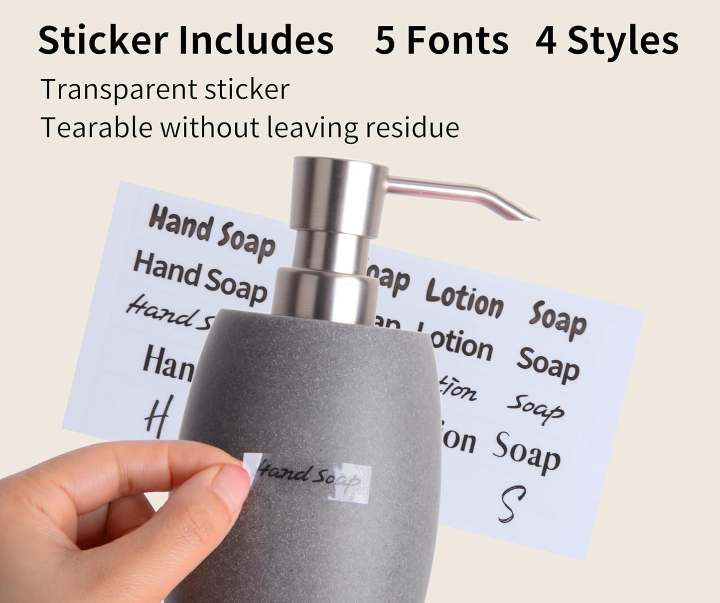 Clasin Home Sandstone Textured Resin Soap Dispenser with Metallic Pump and Waterproof Bottle Labels for Bathroom