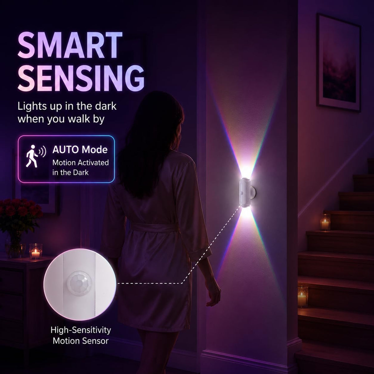 Motion Sensor Wall Light, Rechargeable Peel and Stick on Sconce Set of 2 | Wireless No Drill RGB Wall Lamps, Magnetic