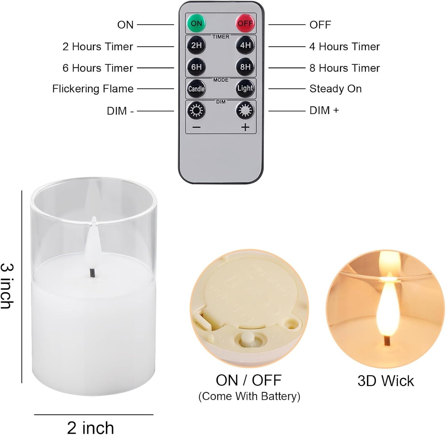 Glass Flameless Votive Candles with Remote, Battery Operated, 6Pack Clear | 2x3" Glass & Real Wax, 2/4/6/8H Timers, 2
