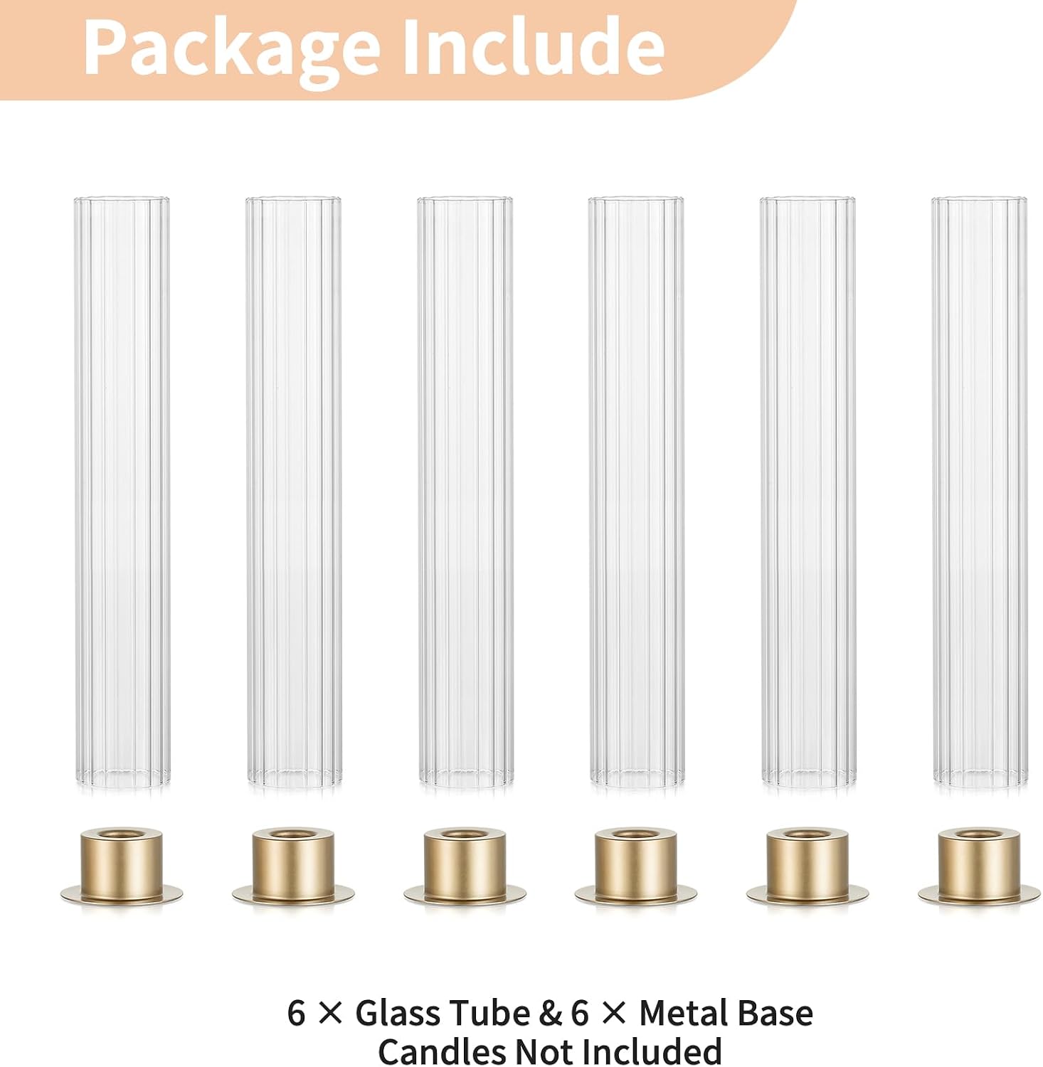 NUPTIO Candlestick Holder with Fluted Hurricane: Set of 6 Metal Candle Holders with Glass Cylinders - Gold Taper
