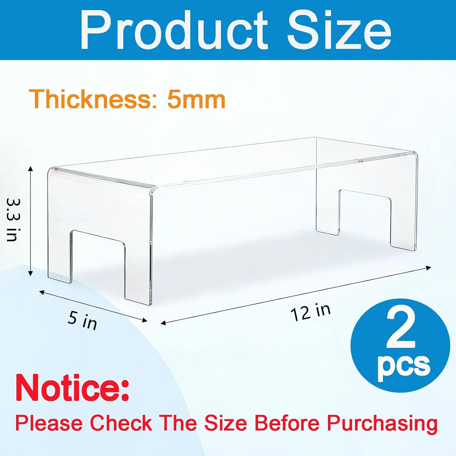 12" Lx5 Wx3.3 H 5mm Thick Small Display Risers Stand Acrylic Showcase / Clear / Set of 2