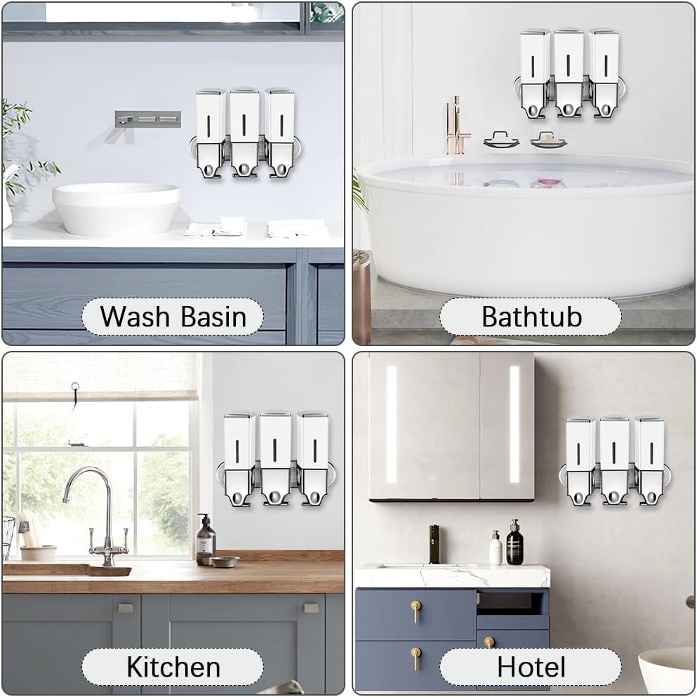 3 x 500ml per Cup Wall Mounted Manual Soap Dispenser for Home, Bath, Kitchen, Hotels, Restaurants. Shower and Lotion