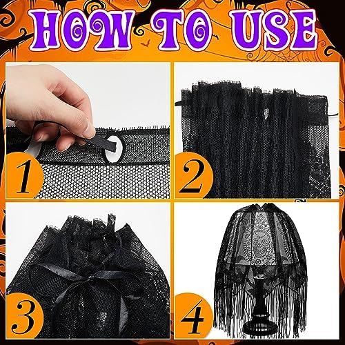 Baquler 4 Pcs Halloween Lamp Shade Cover, Black Lace Bat Skull Gothic Decor