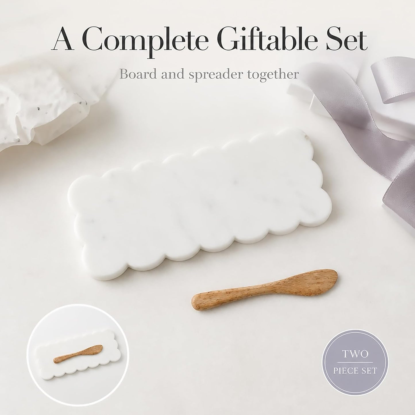 Scallop Marble Board Set / White / 12 x 5