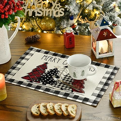 Artoid Mode Waterclor Buffalo Plaid Christmas Trees Placemats Set of 2, 12x18 Inch Winter Table Mats for Outdoor Home Party Kitchen Dining Decor
