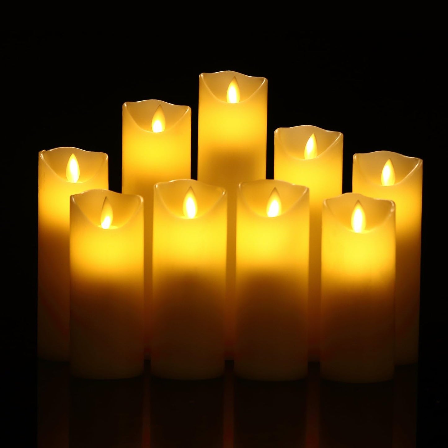 Flameless Candles Set of 9 Ivory Dripless Real Wax Pillars Include Realistic Dancing LED Flames and 10-Key Remote