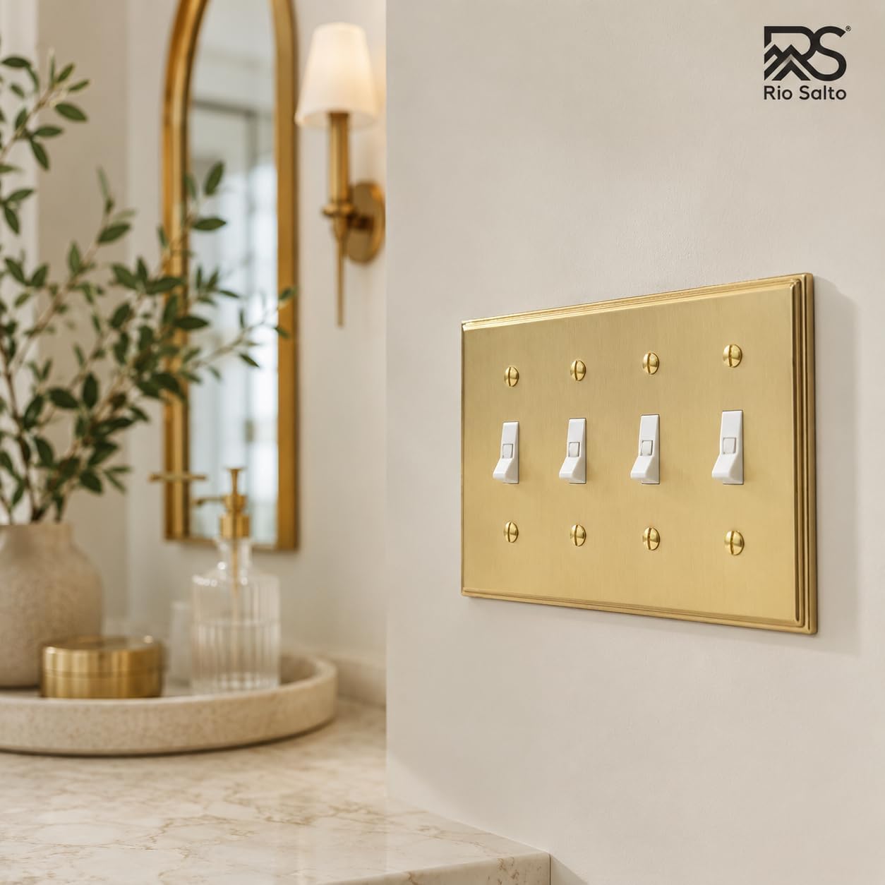 Rio Salto BRASS 4 Light Switch Cover Gold Quad Toggle Flip Switch Plate Brushed Brass Gold Metal Outlet Covers 2 Pack