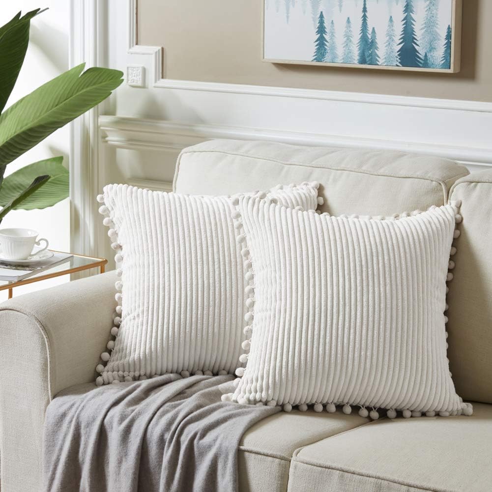 Cream Corduroy Pom Pom Throw Pillow Covers / 18 x 18 / Cream White / Set of 2
