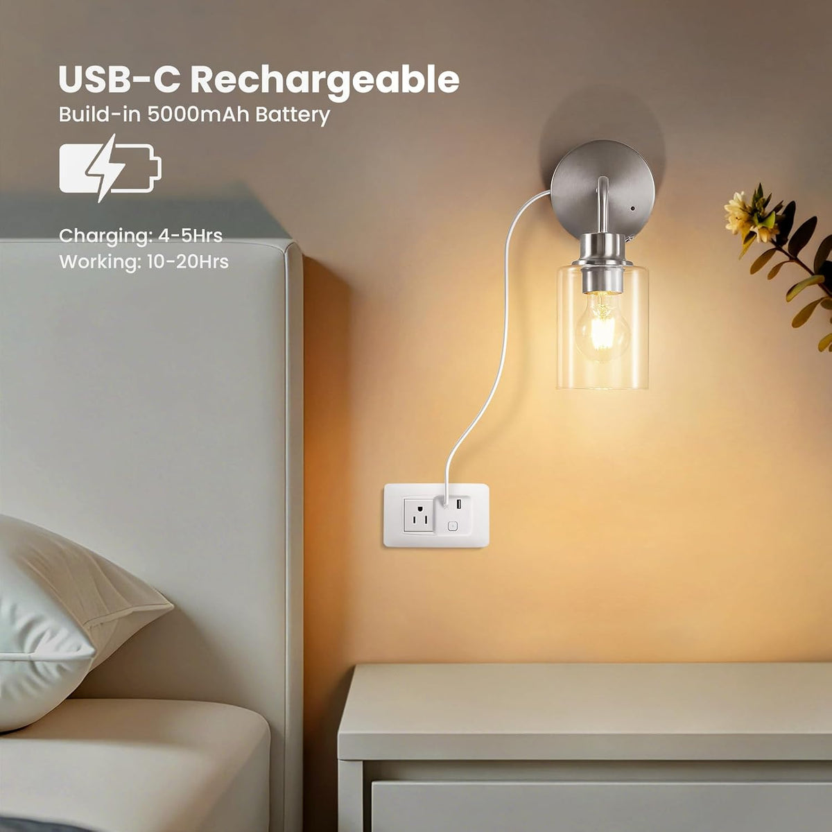 Epinl Battery Operated Wall Sconce Set of Two - Brushed Nickel Rechargeable Wireless Wall Sconces with Remote Control