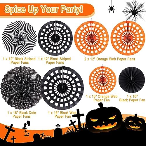 Halloween Party Decorations, Black and Orange Party Decorations, Halloween Spider Web Hanging Paper Fans Party Decorations for Basketball Birthday Graduation Gothic Office Halloween Party Decorations