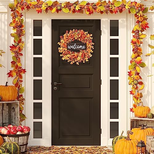 Sggvecsy Fall Wreath 20'' Autumn Front Door Wreath with Pumpkin Berry Round Leaves Fall Decorations for Outside Indoor Wall Window Festival Thanksgiving Harvest Fall Autumn Decor(Yellow)