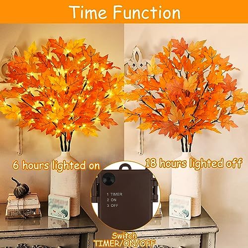 3Pcs 30”Lighted Maple Leaves Branches Stems with Timer Battery Operated 60 LEDs Fall Artificial Maple Branches with Lights for Vases Autumn Home Thanksgiving Halloween Christmas Decoration