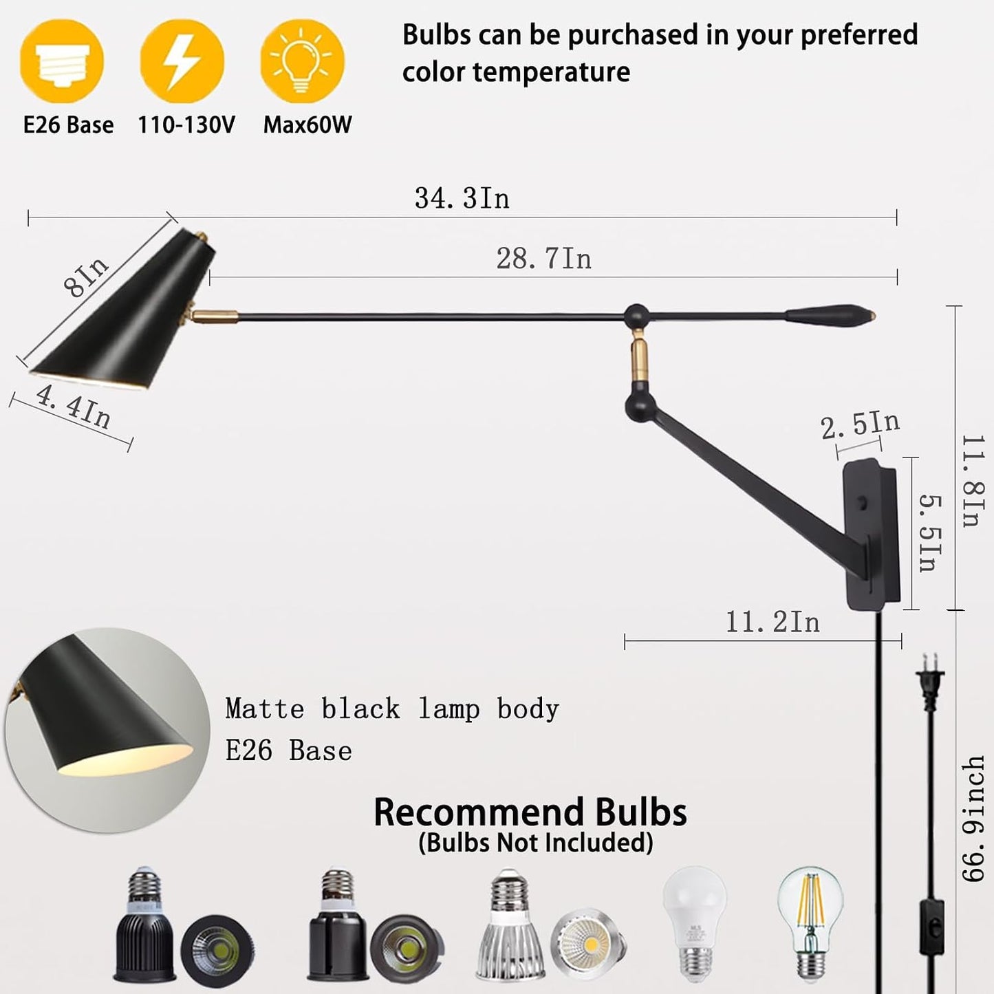 Adjustable Directional Plug in wall Light Swing arm, Unique Long Pole wall Lamps for Living Room Sofa Background Wall