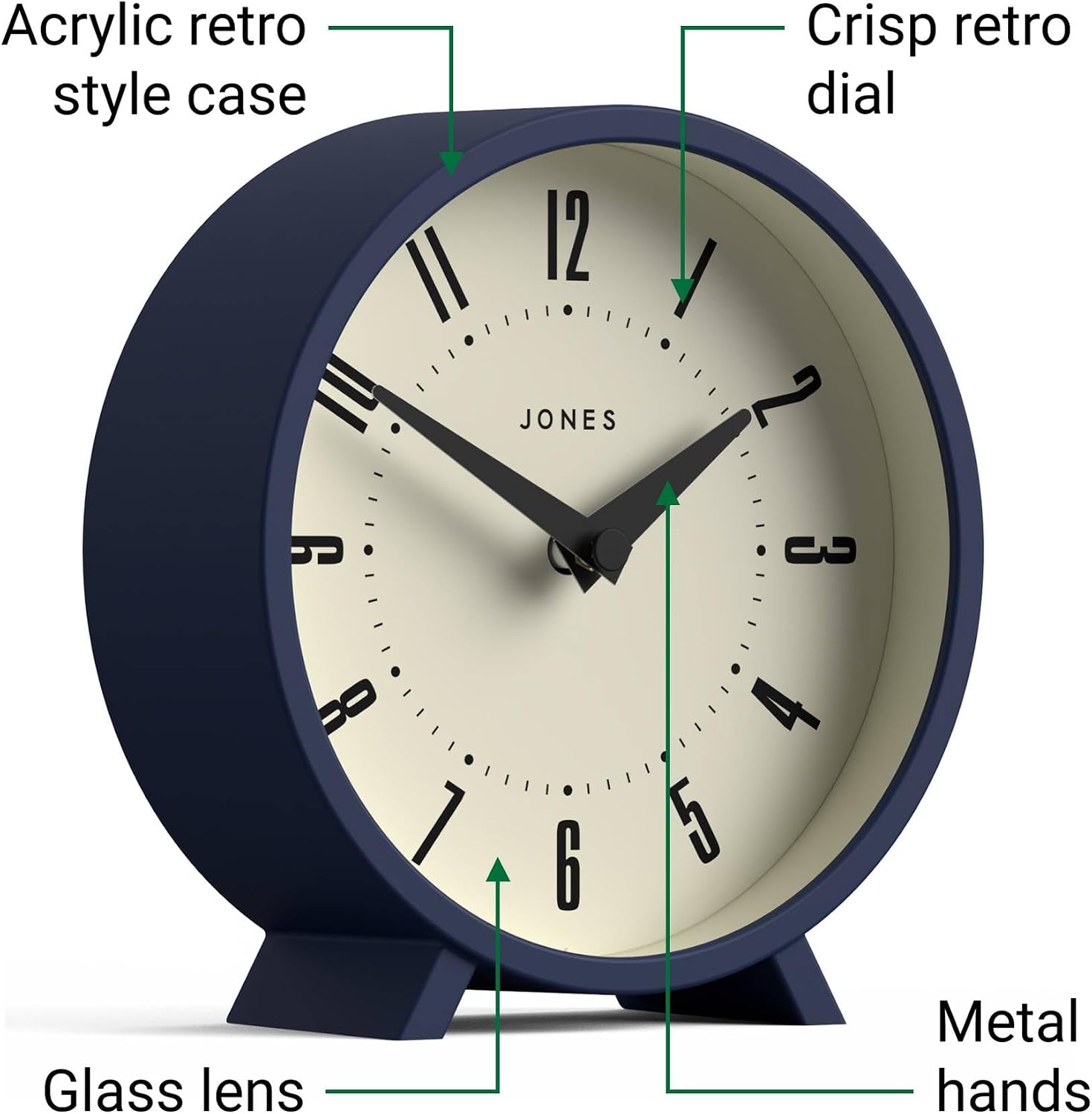 JONES CLOCKS® Venus Desk Clock | Modern Round Design | Blue | Stylish Retro Look for Shelf, Table, Mantel or Bedside
