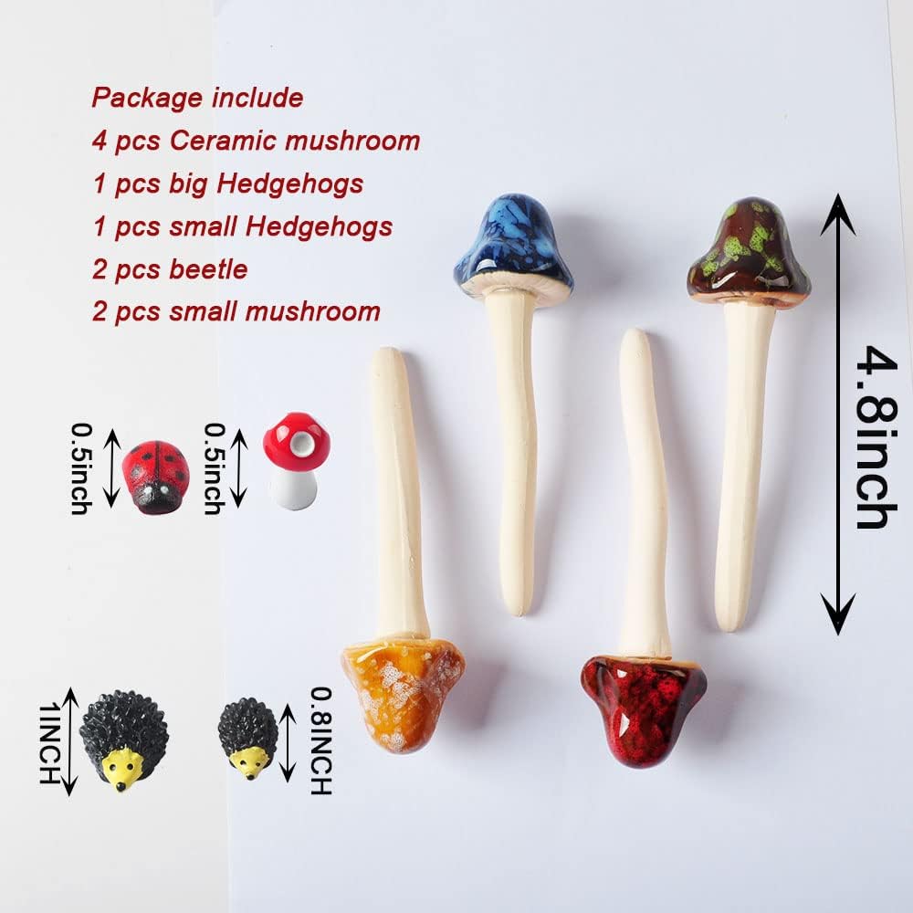 Color Ceramic Mushrooms Height and Mini Size Polyresin Hedgehog Fairy / Flat / 4.5 Inch / Set of 4
