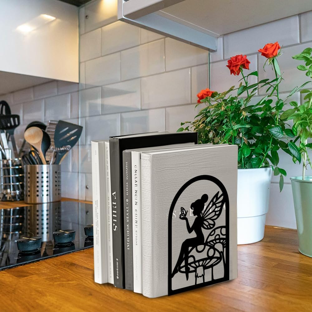 Metal Bookends / Modern Decorative Heavy Duty Study Book Support Stoppers / Fairy and Mushroom