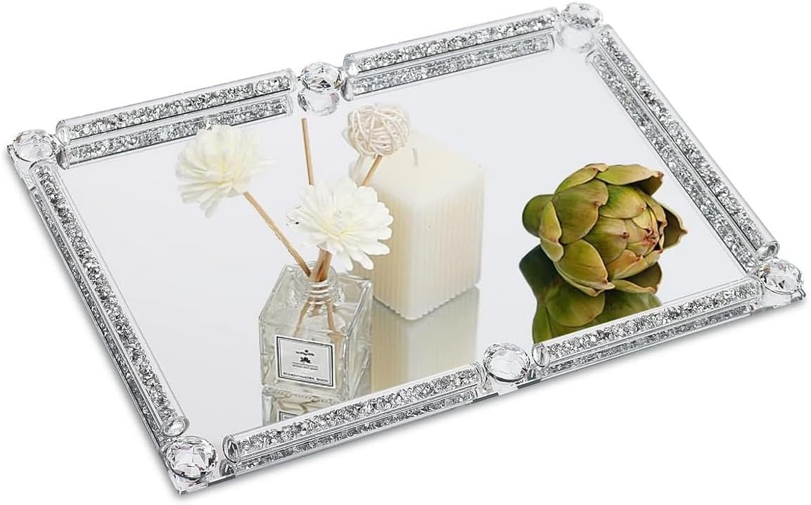 Silver Glass Mirror Vanity Tray Noble Jewelry Trinket Display Tray / Big Silver / 15.7 x 11.8