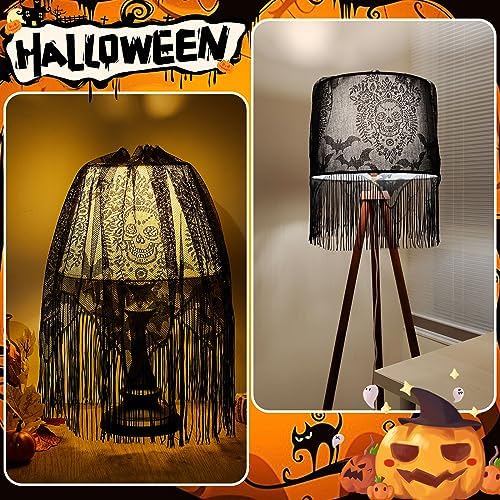 Baquler 4 Pcs Halloween Lamp Shade Cover, Black Lace Bat Skull Gothic Decor