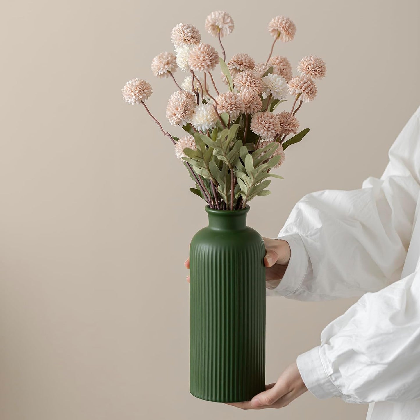 Ribbed Ceramic Vase for Flowers / Green / 10 Inch