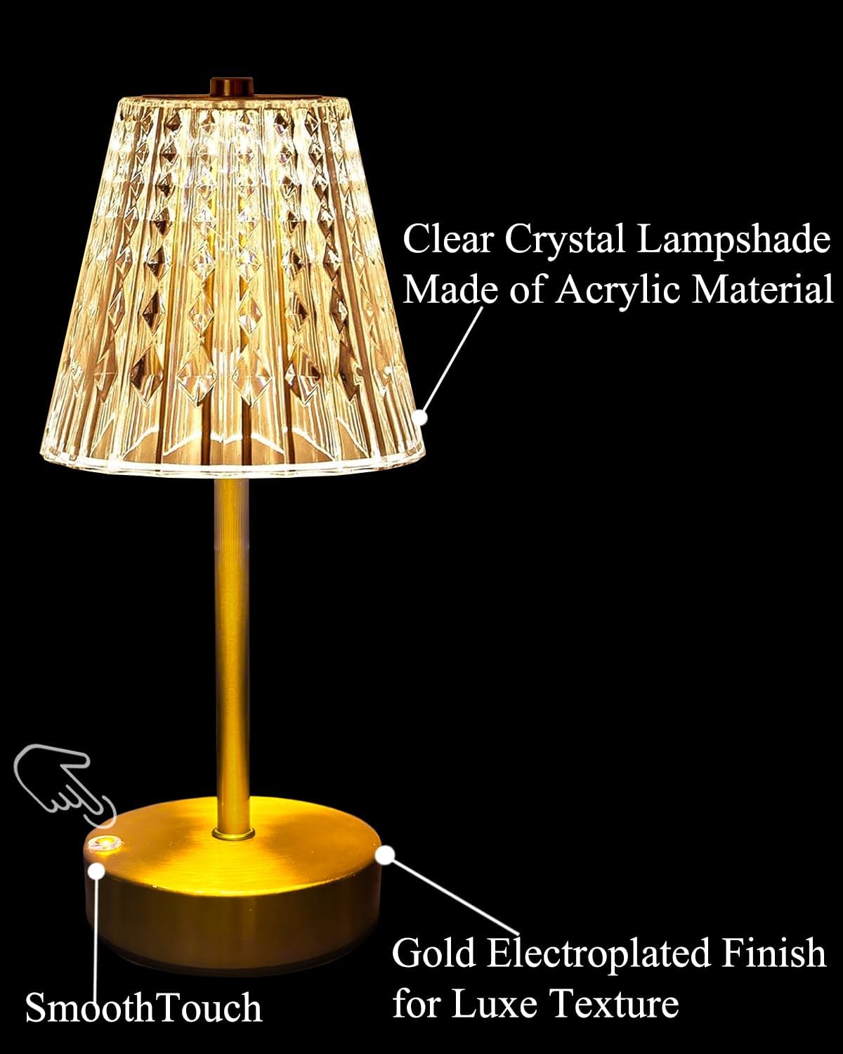 Gold Cordless Table Lamp Rechargeable,5000mAh Battery Operated Lamps,Mini Small Crystal Table Lamp for Restaurant