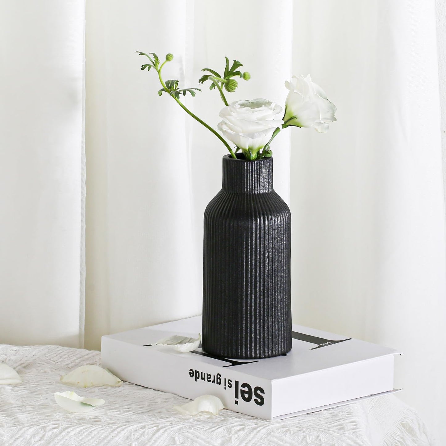 Bohemian Ceramic Vase / Black / 7in