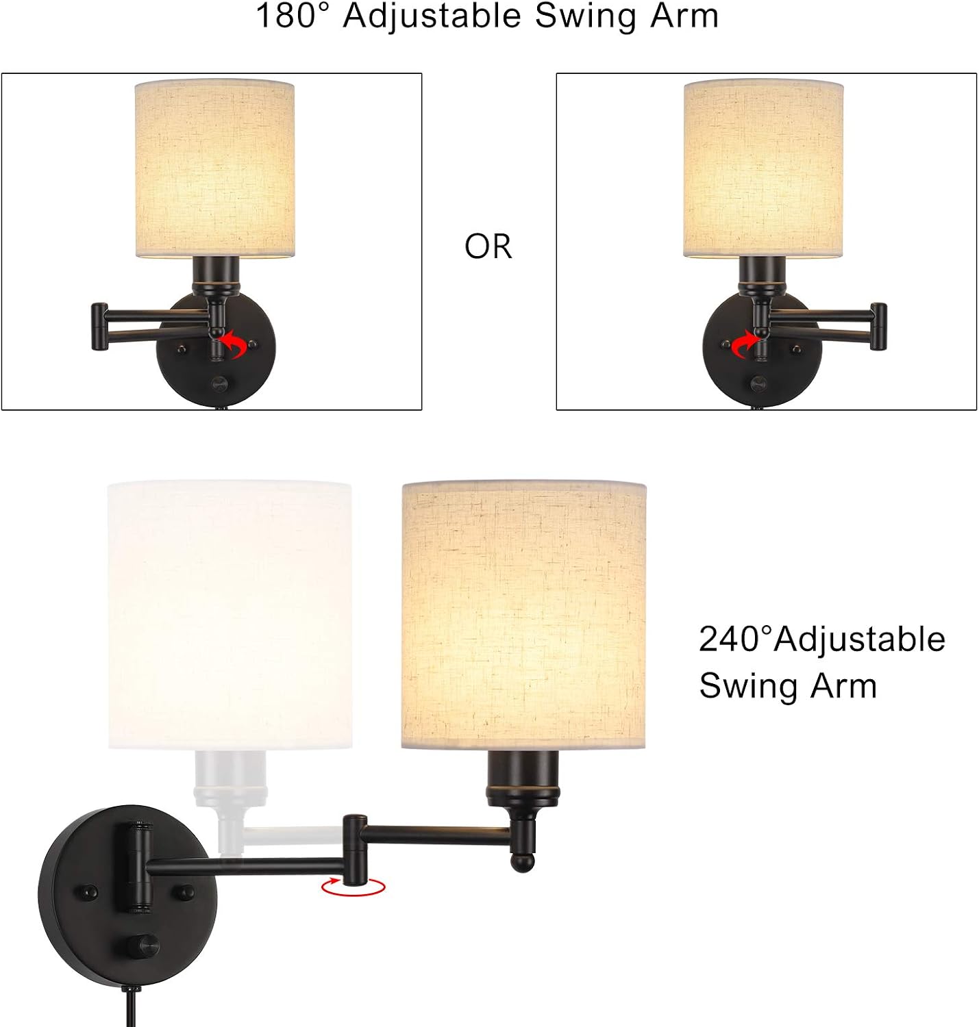 CADUKE Plug in Wall Sconce Set of 2, Swing Arm Wall Lamps | Modern, Bedroom Wall Light Fixtures, Linen Lampshade, For