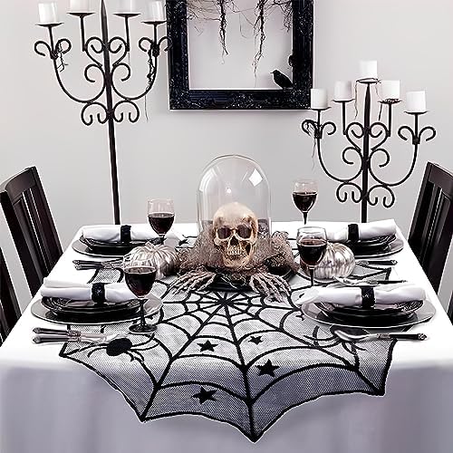 Halloween Tablecloth 40 Inch Black Lace Spider Web Table Topper
