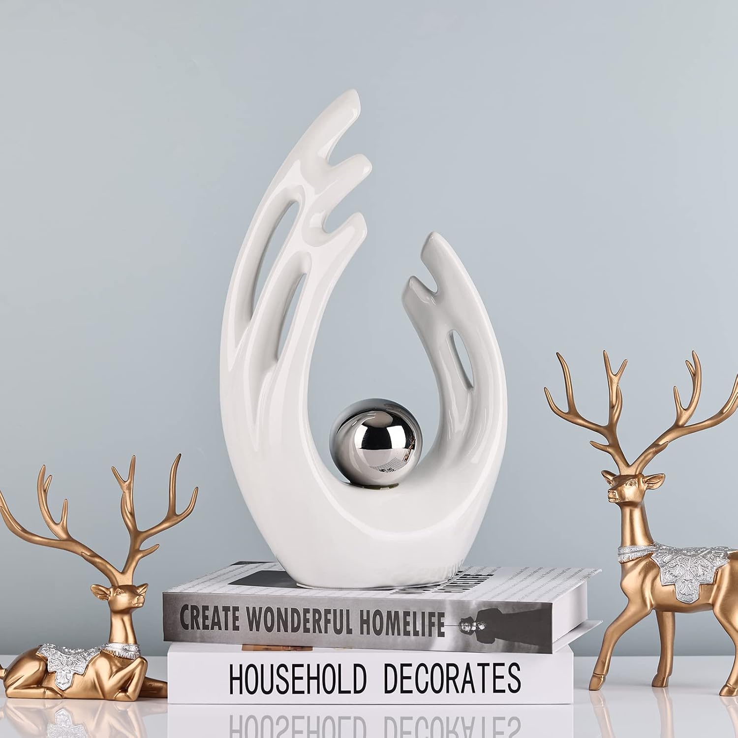 Abstract Art Ceramic Statue / White Silver / Large / 12 Inch