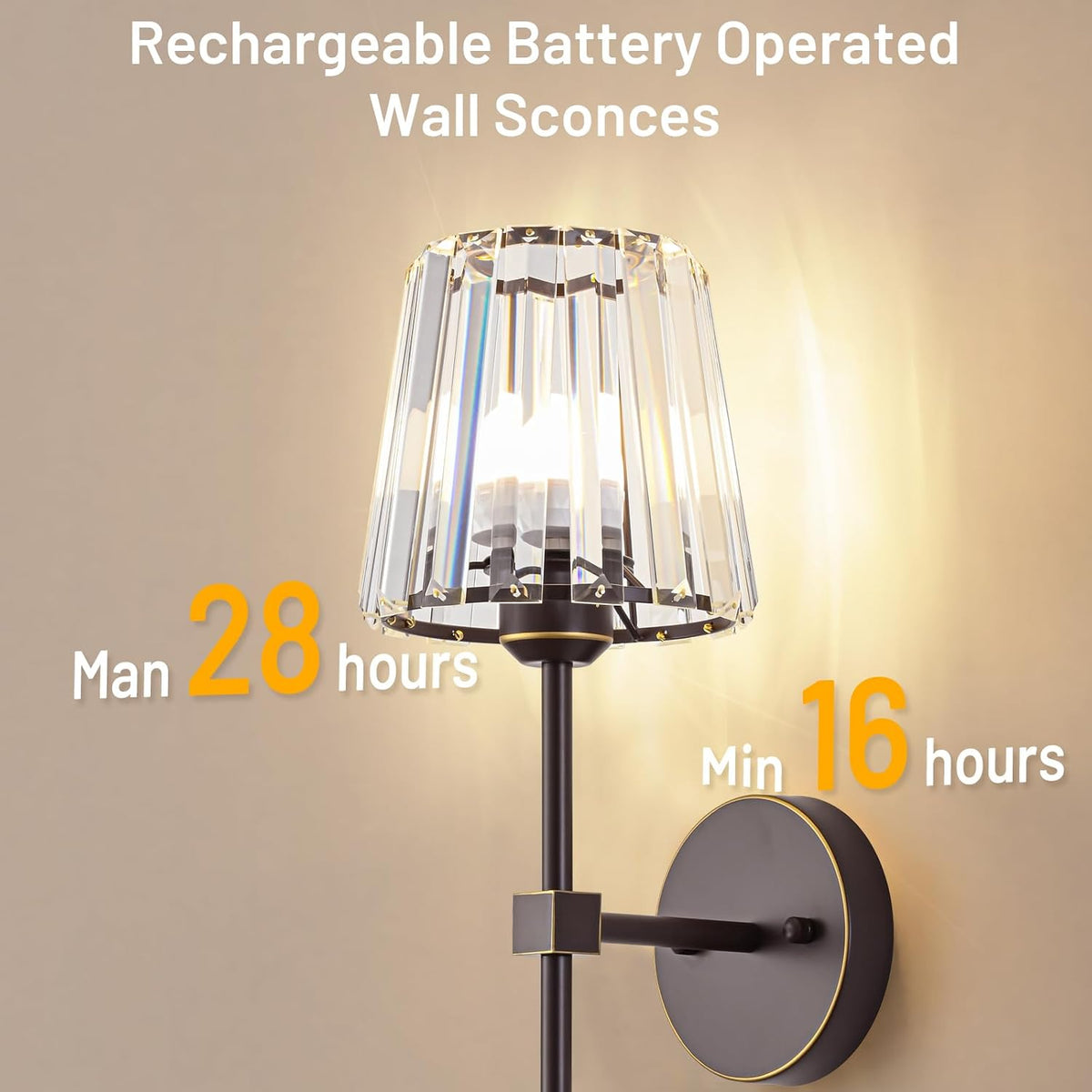 Crystal Battery Operated Wall Sconces Set of 2, Brown and Gold Rechargeable Wireless Wall Lights with Crystal