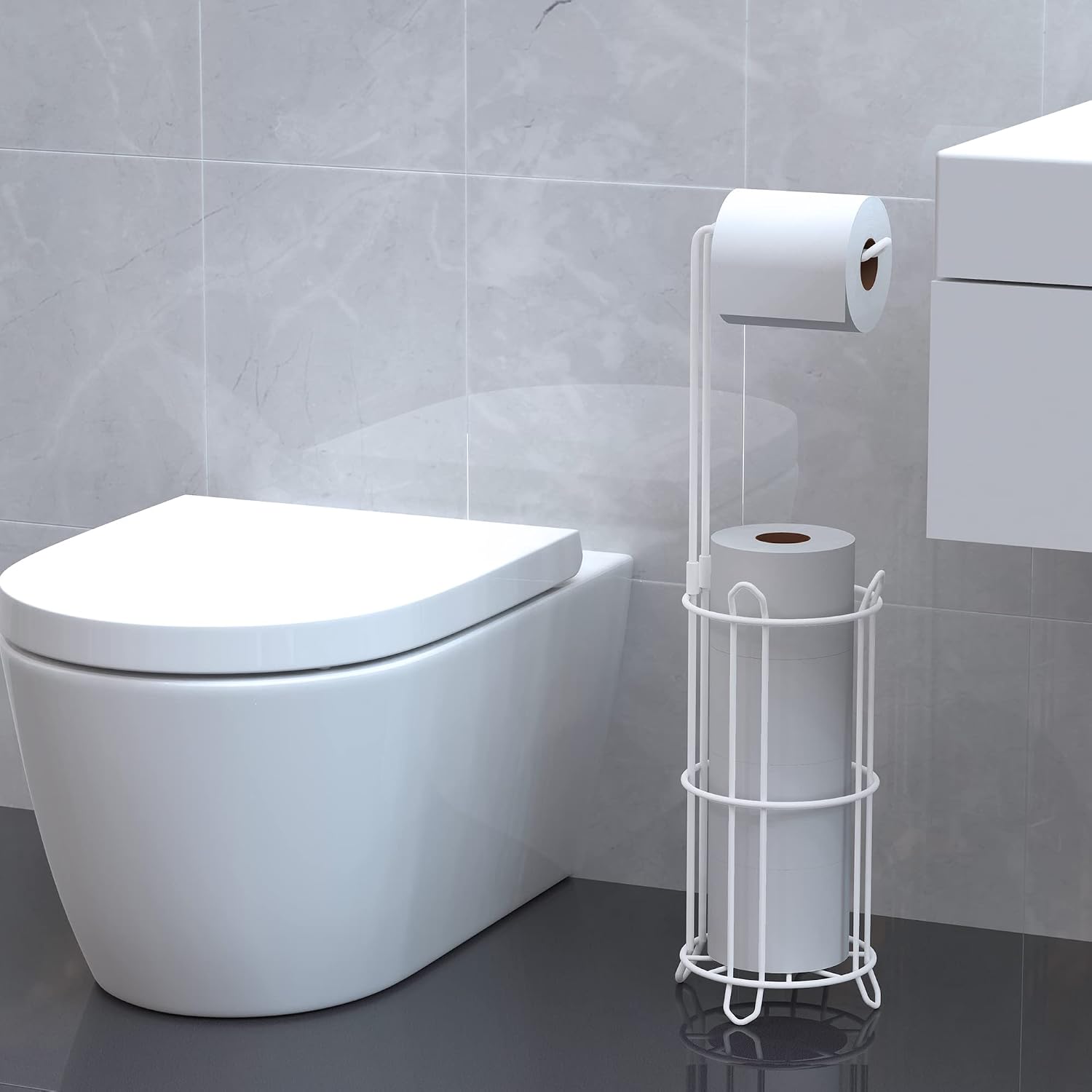 Meangood Toilet Paper Holder Stand and Tissue Paper Roll Dispenser for 4 Mega Rolls, Bathroom Free Standing Tissue Roll