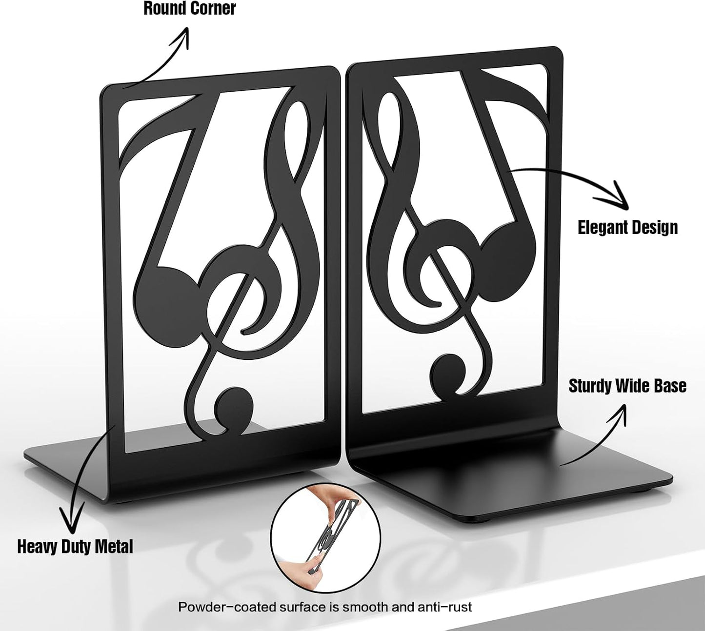 Metal Book Ends for Heavy Books & Shelves / Music / 1 Pair / Black