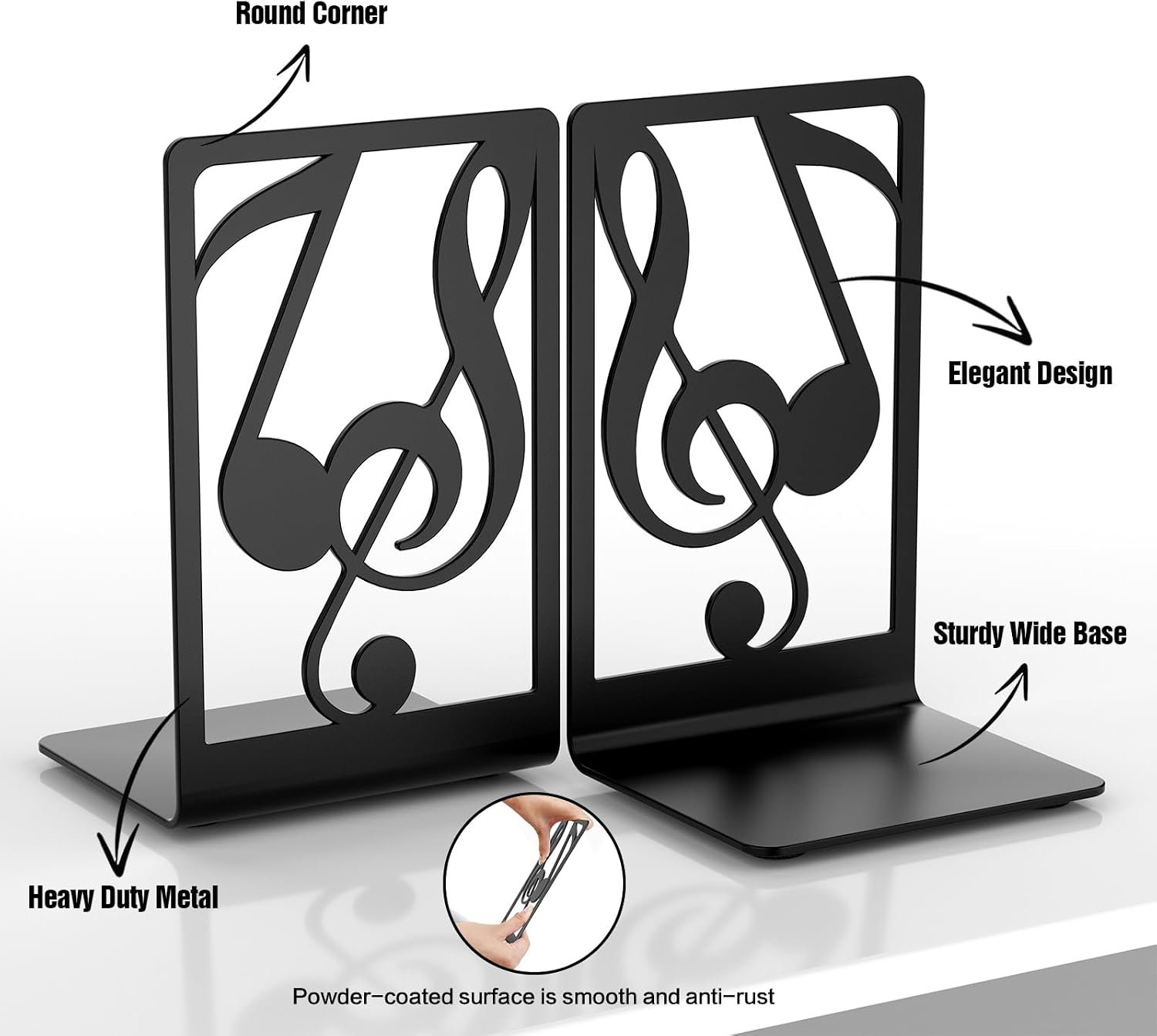 Metal Book Ends for Heavy Books & Shelves / Music / 1 Pair / Black