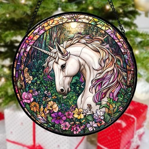 Unicorn in Flower Forest Stained Glass Window Hanging Suncatcher Gift 15"