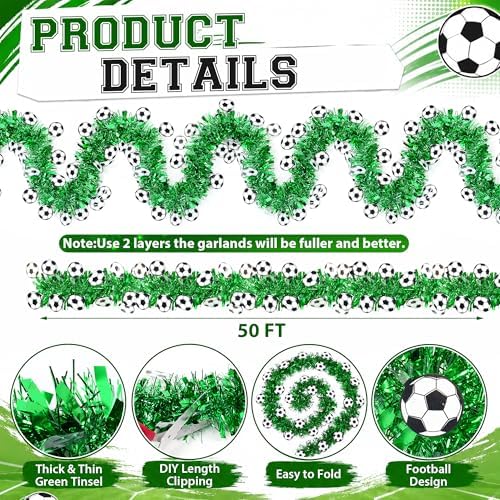 50FT Soccer Tinsel Garland, Soccer Party Decorations Green Shiny Metallic Twist Football Garland for Home Indoor Outdoor Sports Game Day Soccer Birthday, Soccer Tournament 2026