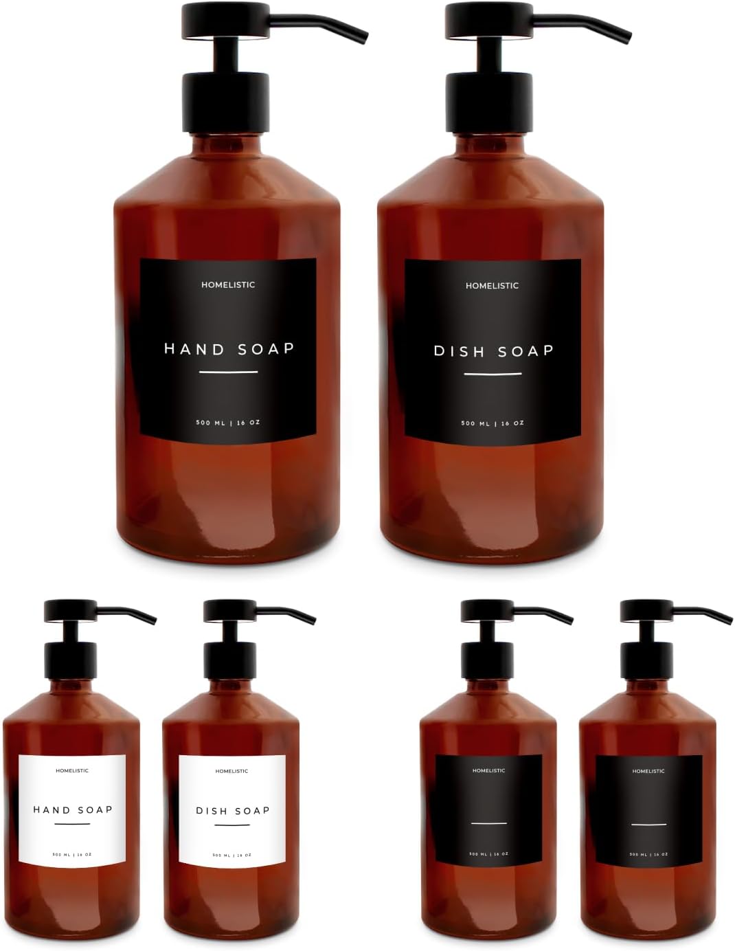 Luxury Glass Soap Dispenser Set of 2 - Elegant Amber Bottles with Matte Black Pumps, Ideal for Kitchen and Bathrooms
