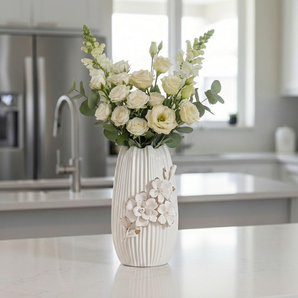 Ceramic Vase / 3D Modern Vase for Centerpieces / White / 9 Inch