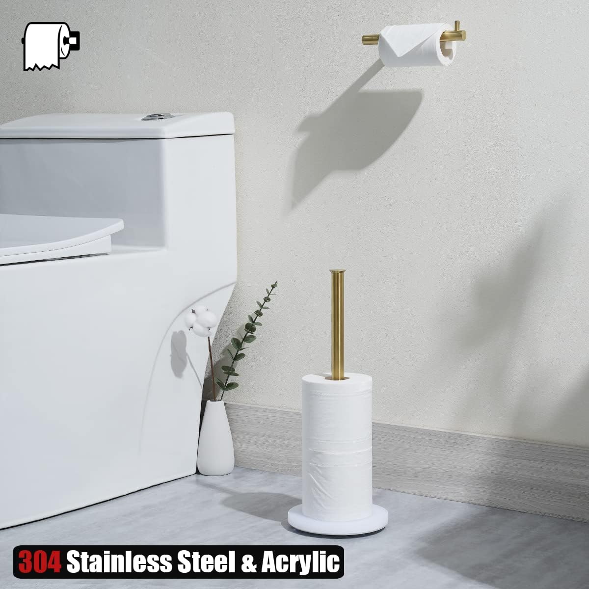 JQK Toilet Paper Storage Stand White Gold, 304 Stainless Steel Tissue Reserve Holder Dispenser for Bathroom, Brushed