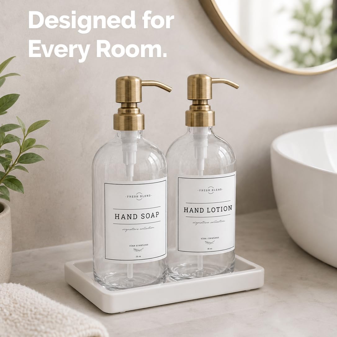 Vine Creations Glass Soap Dispenser, 2 Pack Kitchen Soap Dispenser Set with Ceramic Tray, Stainless Steel Pump, Dish