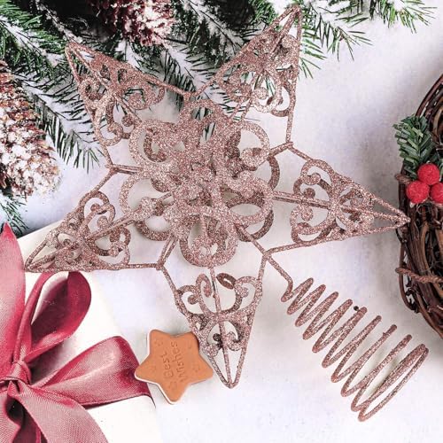 Aneco 10 Inches Christmas Treetop Star Metal Glittered Christmas Tree Topper Xmas Tree Decoration Topper for Christmas Holiday Home Office School Mall Decor, Rose Gold