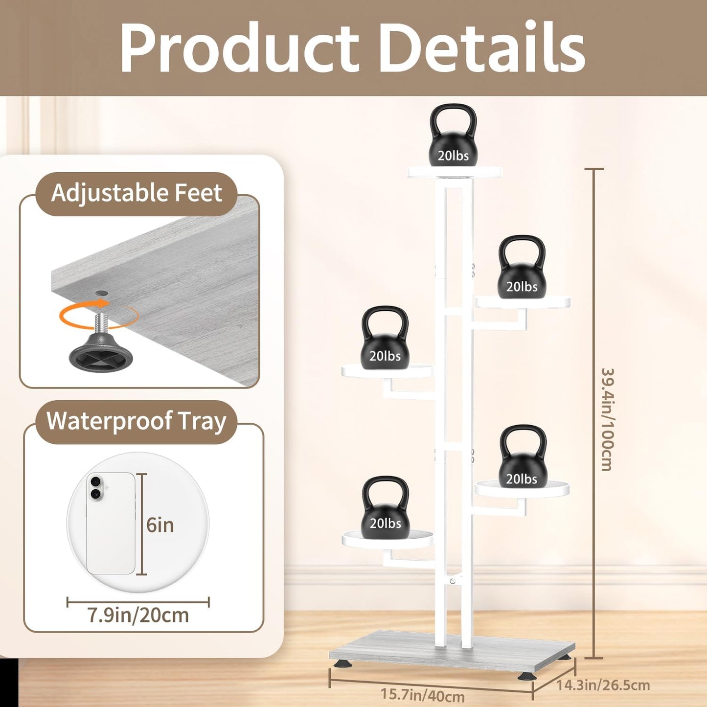 LASZOLA Plant Stand Tall Flower Holder for Indoor Corner, 5 Tier White | Sturdy Multi Level Planter Shelf, Plant Pot