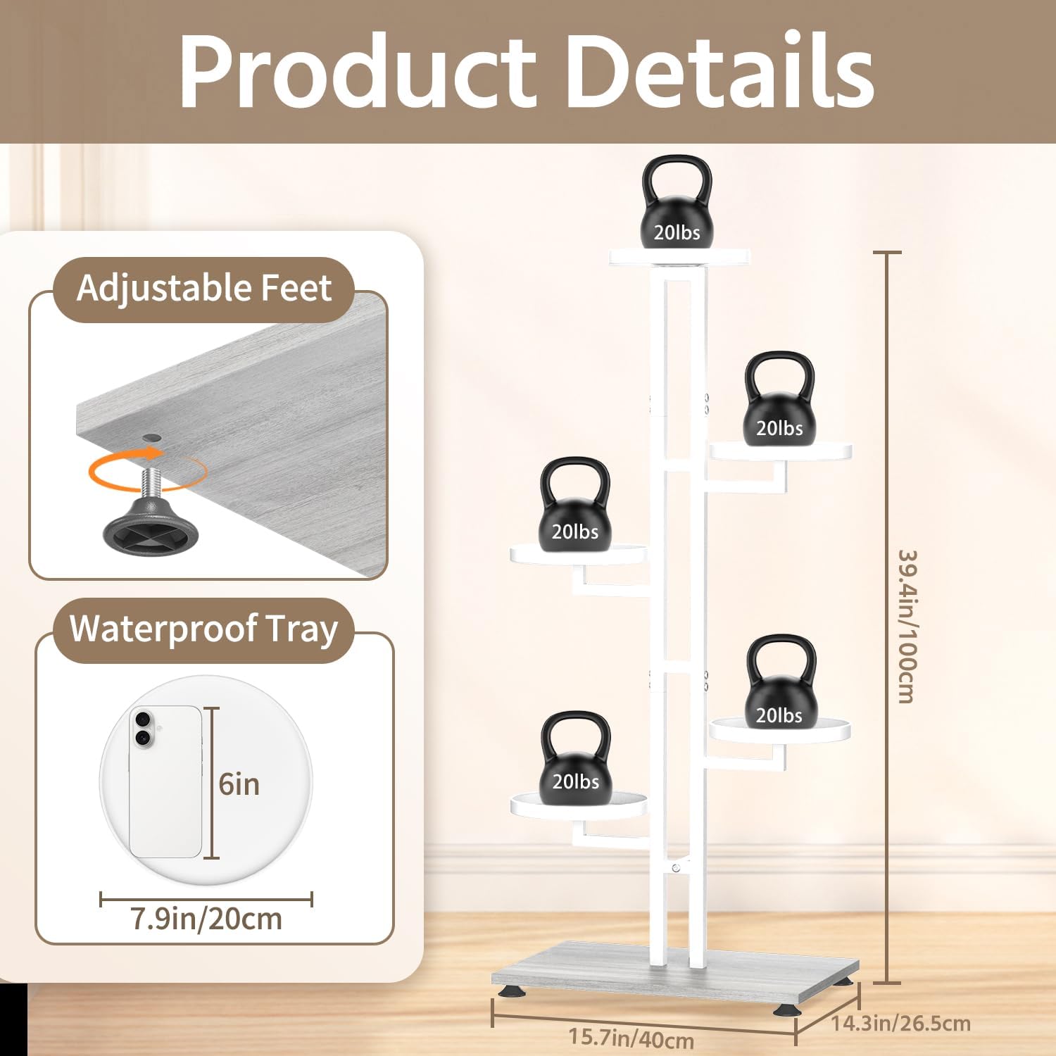 LASZOLA Plant Stand Tall Flower Holder for Indoor Corner, 5 Tier White | Sturdy Multi Level Planter Shelf, Plant Pot