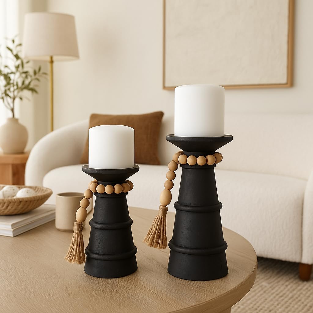 Deco 79 Wood Handmade Decorative Candle Holder Textured Matte Candle Stand with Beaded Garland Accent, Set of 2