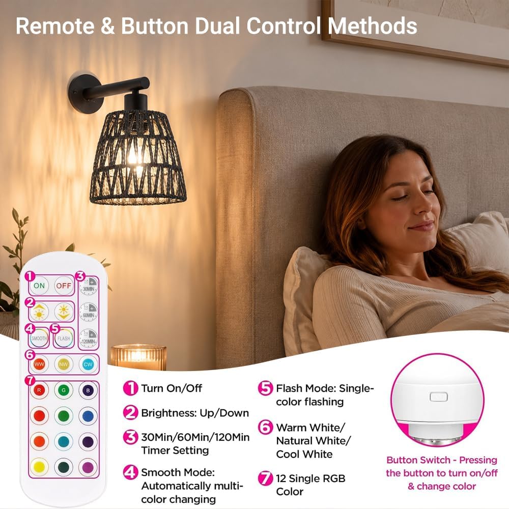 Black Battery Operated Wall Sconces Set of 2, Rattan Wall Sconces with Remote, RGB 15 Colors Dimmable Rechargeable Wall